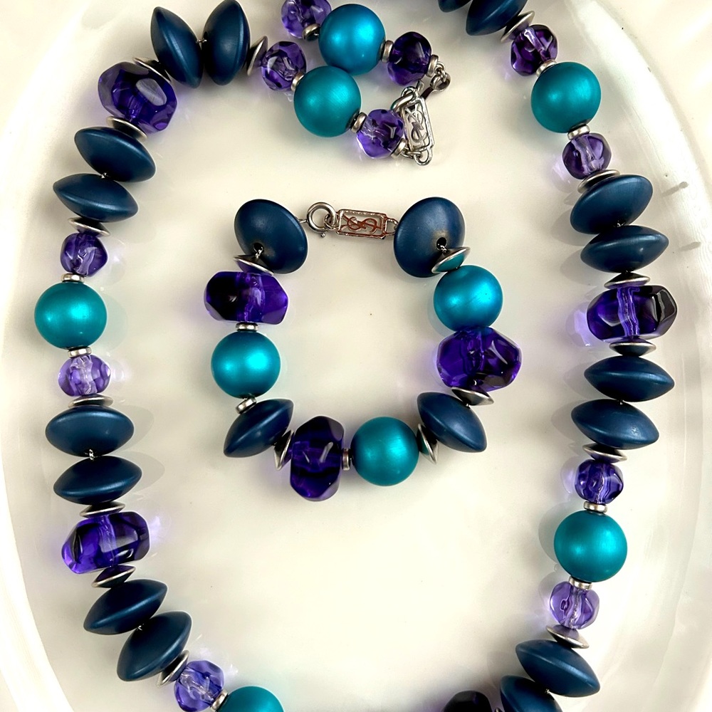 Yves Saint Laurent vintage runway purple & blue beaded necklace and bracelet set